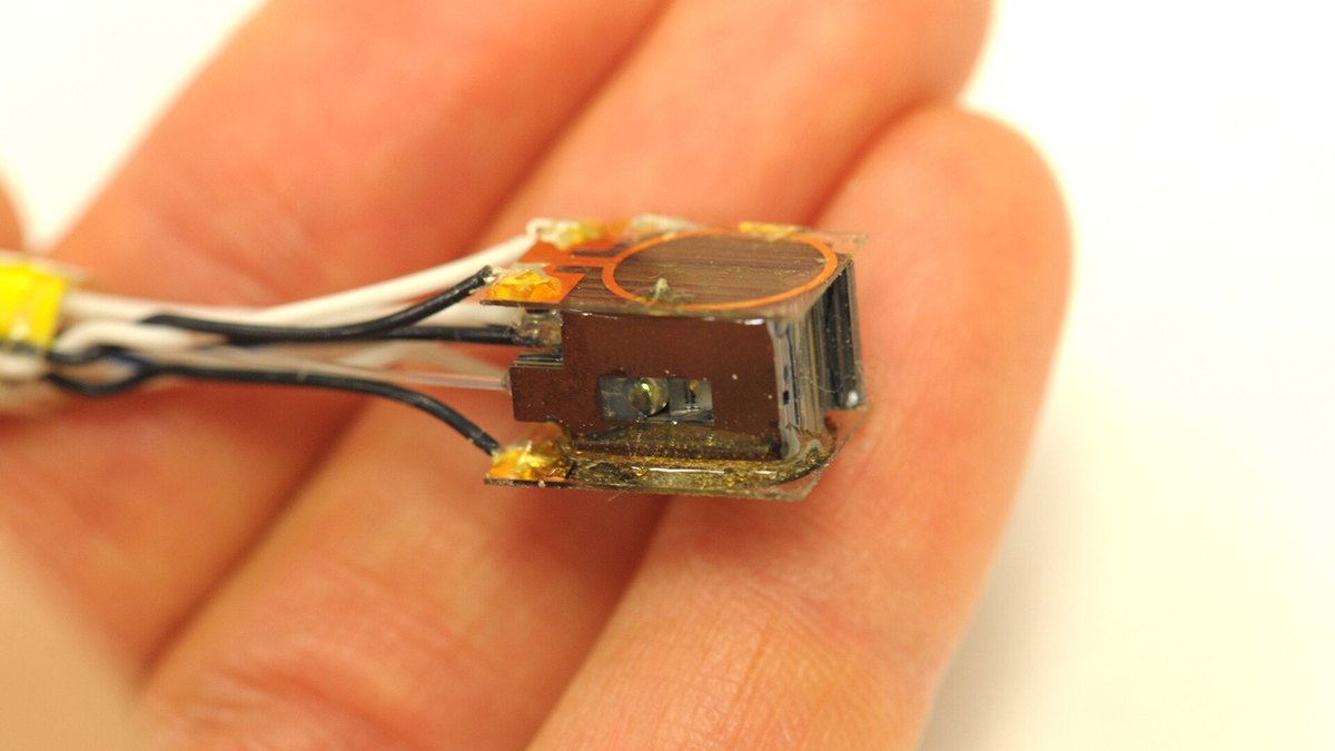 A miniature bioelectronic sensor device held on a fingertip — hardware that reads the body's electrical signals; a DNA and bioelectricity record by Panacea Bio Chem and Bogdan Dicoias